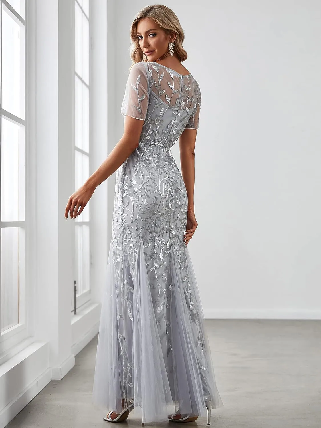 Ever-Pretty Women's Elegant Illusion Short Sleeve Crew Neck Sequin Embroidery Mermaid Evening Dresses 07707