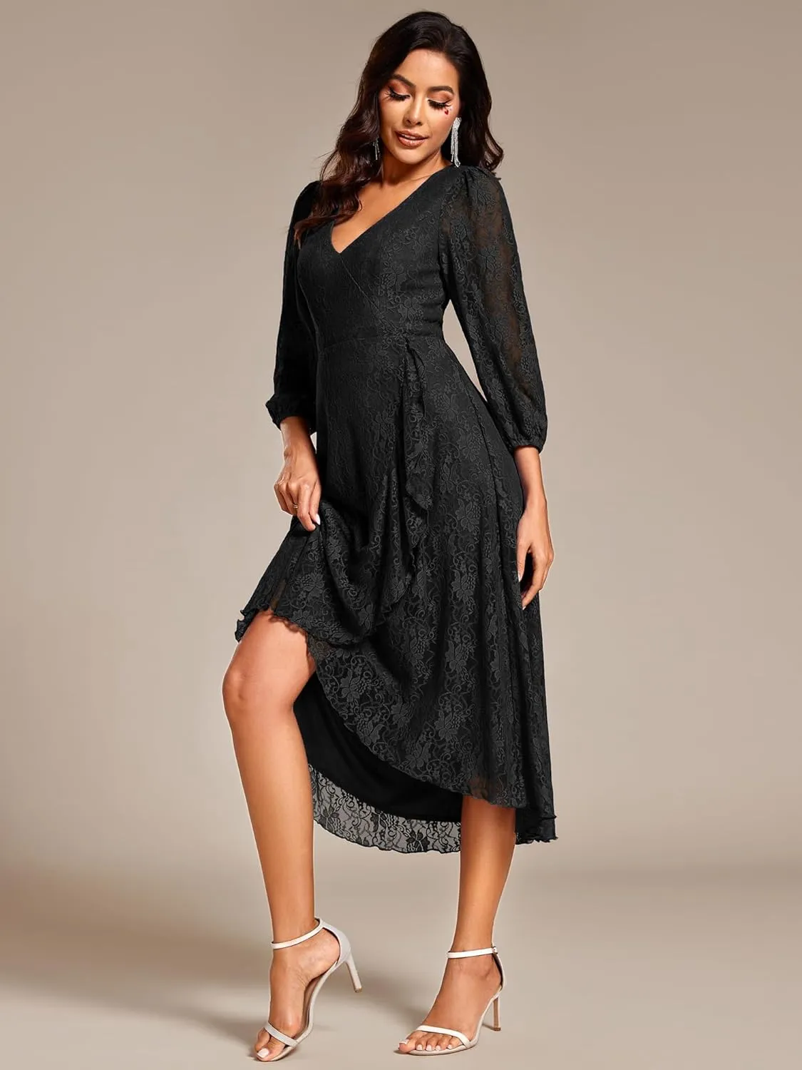 Ever-Pretty Women's Elegant V Neck Lace Long Sleeves A Line Ruffles Hem Midi Length Wedding Guest Dress 02238
