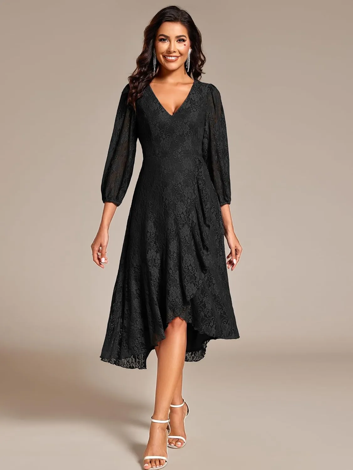 Ever-Pretty Women's Elegant V Neck Lace Long Sleeves A Line Ruffles Hem Midi Length Wedding Guest Dress 02238