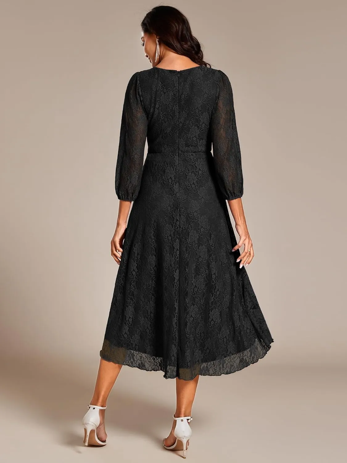 Ever-Pretty Women's Elegant V Neck Lace Long Sleeves A Line Ruffles Hem Midi Length Wedding Guest Dress 02238