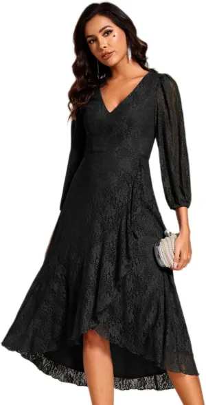 Ever-Pretty Women's Elegant V Neck Lace Long Sleeves A Line Ruffles Hem Midi Length Wedding Guest Dress 02238