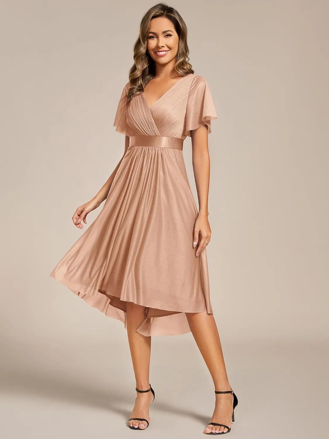 Ever-Pretty Women's Elegant V Neck Pleated Short Sleeves Glitter A Line Midi Wedding Guest Dress 52159