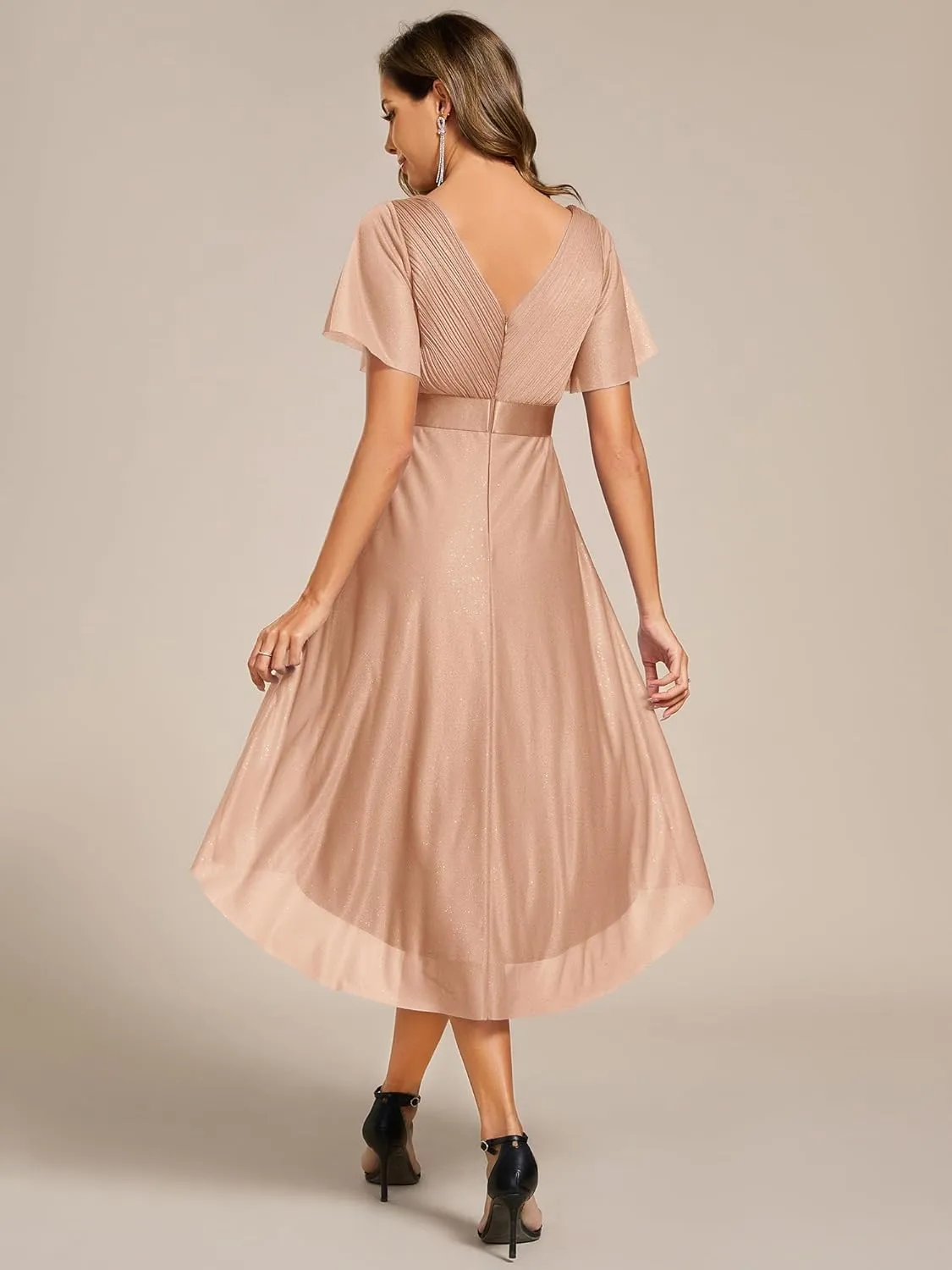 Ever-Pretty Women's Elegant V Neck Pleated Short Sleeves Glitter A Line Midi Wedding Guest Dress 52159