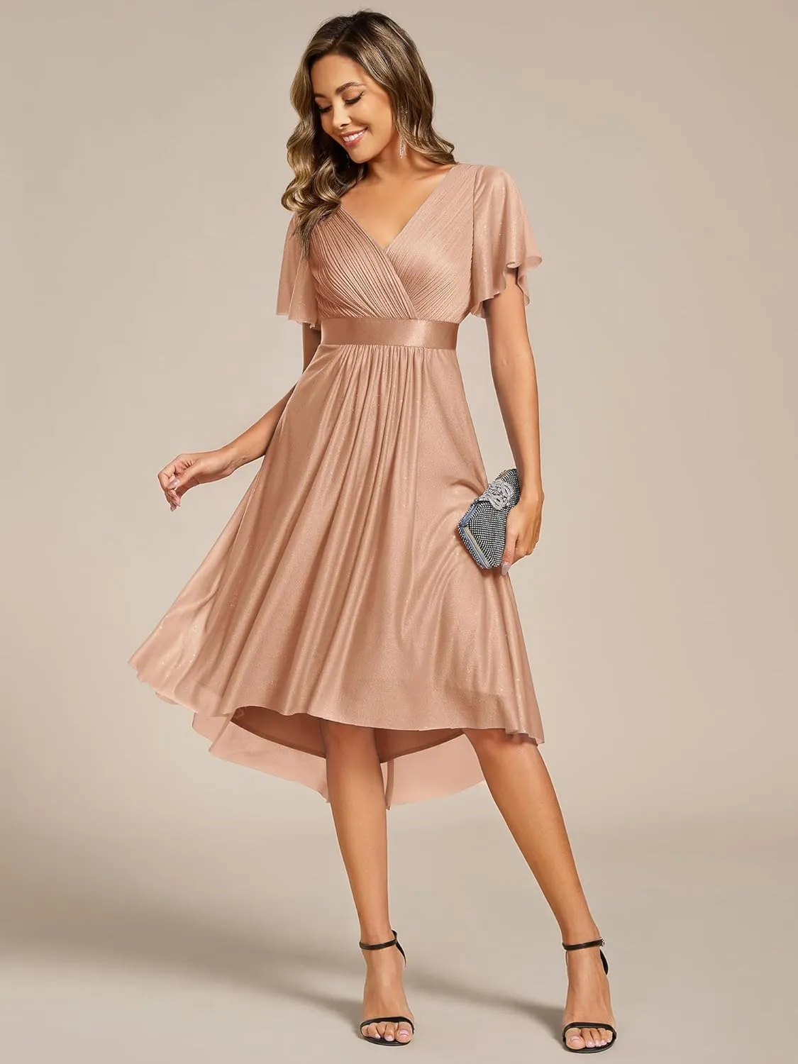 Ever-Pretty Women's Elegant V Neck Pleated Short Sleeves Glitter A Line Midi Wedding Guest Dress 52159