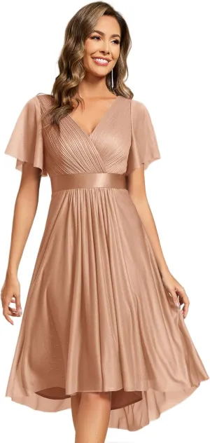 Ever-Pretty Women's Elegant V Neck Pleated Short Sleeves Glitter A Line Midi Wedding Guest Dress 52159