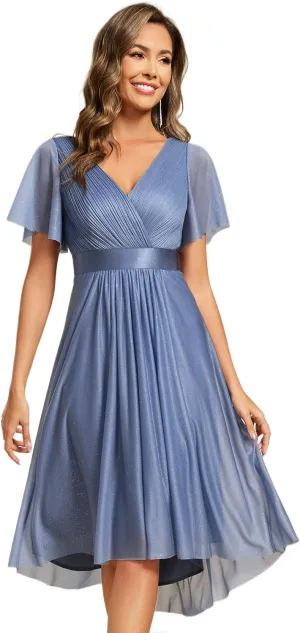 Ever-Pretty Women's Elegant V Neck Pleated Short Sleeves Glitter A Line Midi Wedding Guest Dress 52159