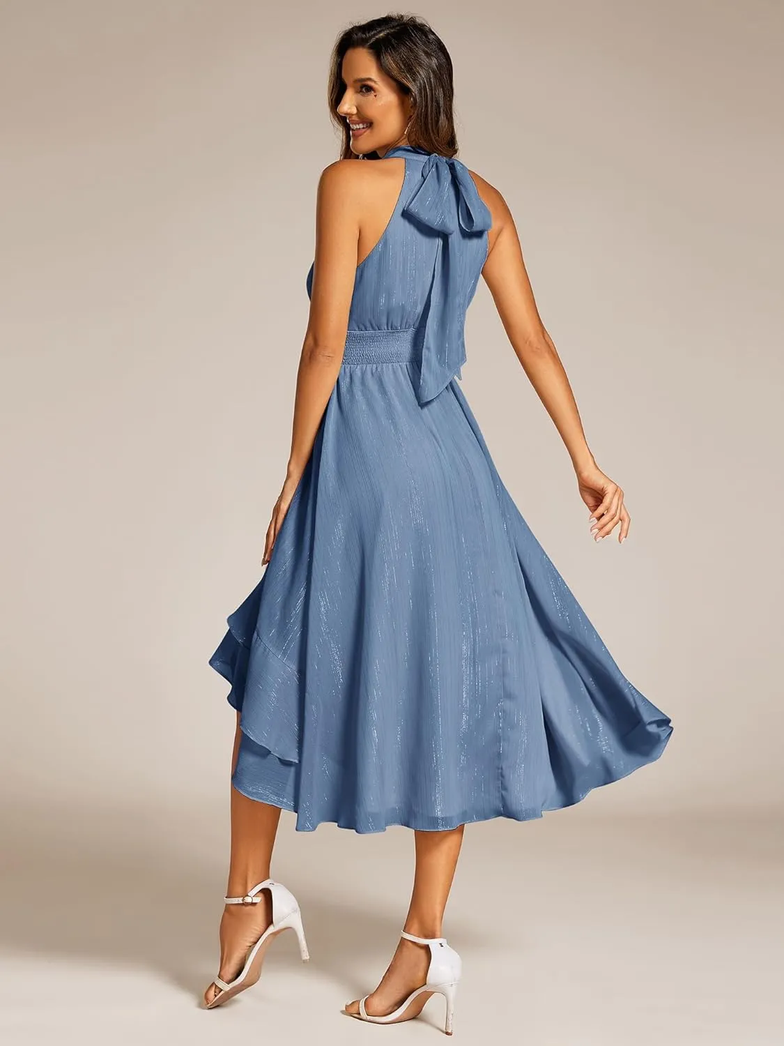 Ever-Pretty Women's Halterneck Elastic Waist Glitter High Low Summer Wedding Guest Dress with Layered Ruffles 31977