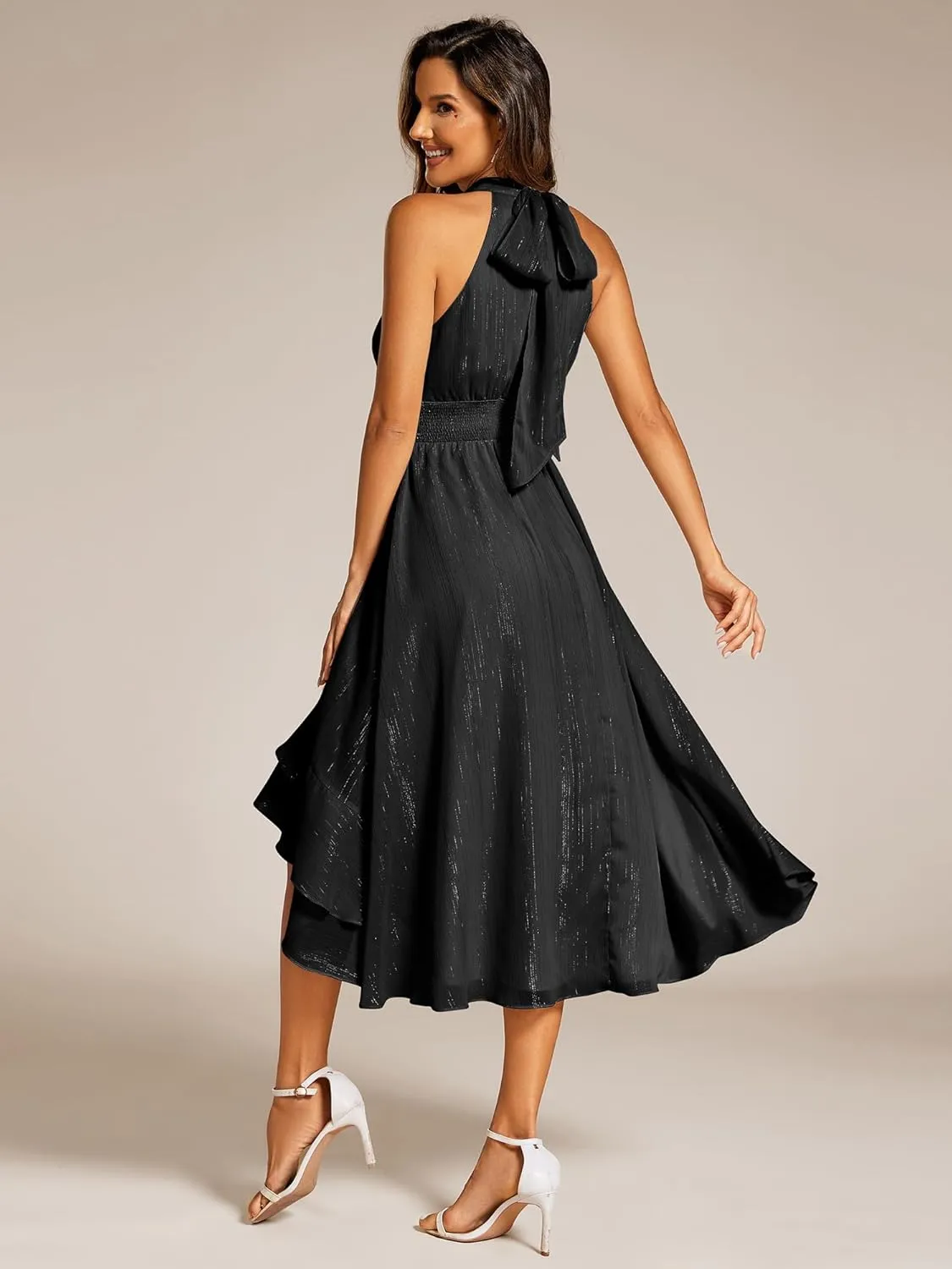 Ever-Pretty Women's Halterneck Elastic Waist Glitter High Low Summer Wedding Guest Dress with Layered Ruffles 31977
