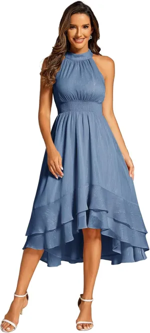 Ever-Pretty Women's Halterneck Elastic Waist Glitter High Low Summer Wedding Guest Dress with Layered Ruffles 31977