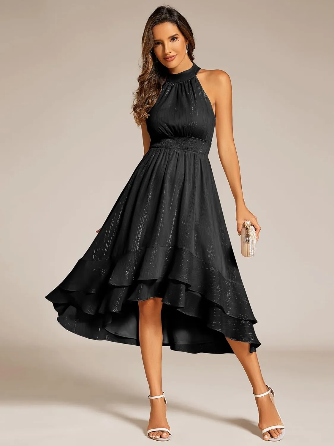 Ever-Pretty Women's Halterneck Elastic Waist Glitter High Low Summer Wedding Guest Dress with Layered Ruffles 31977
