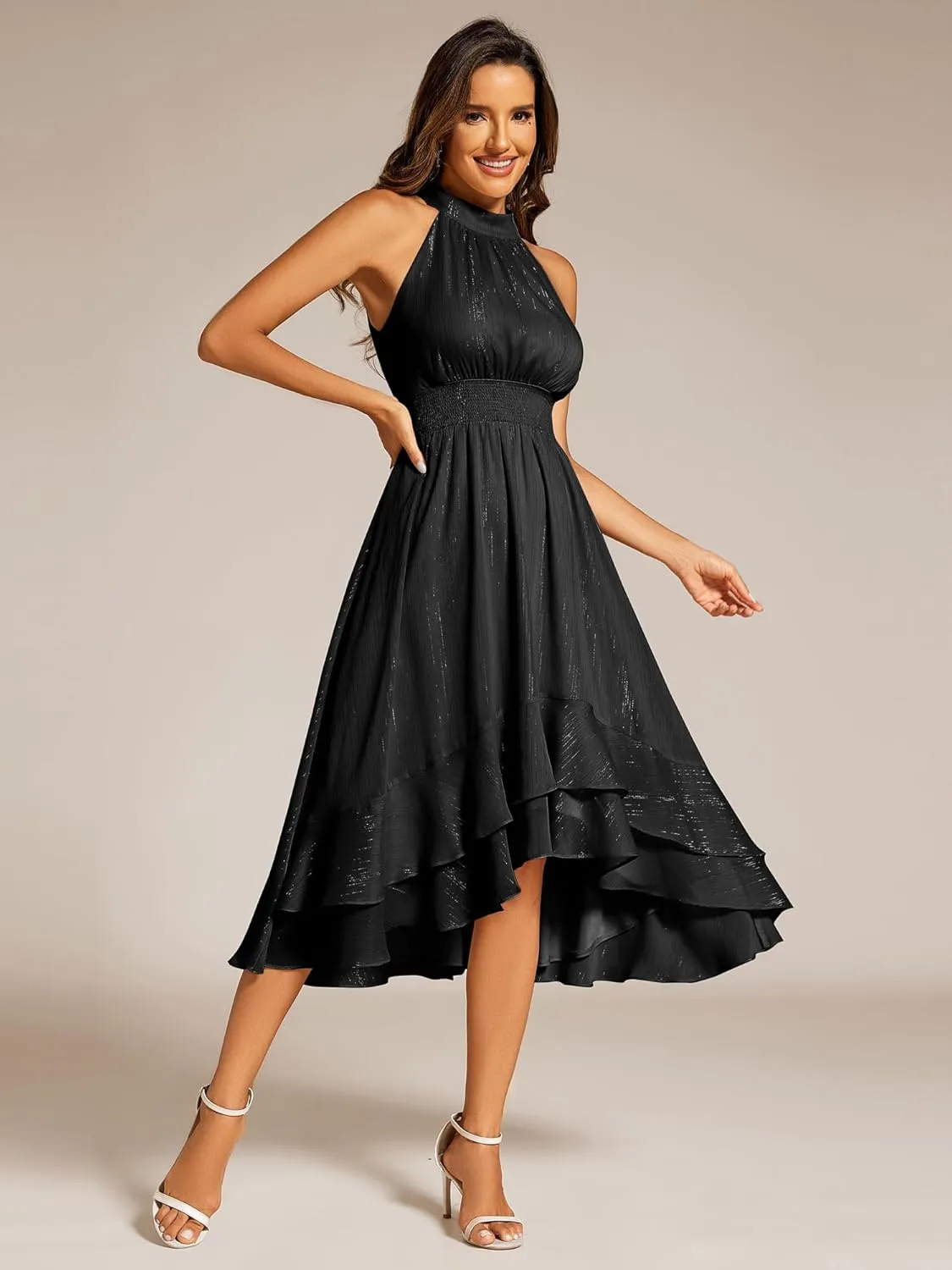 Ever-Pretty Women's Halterneck Elastic Waist Glitter High Low Summer Wedding Guest Dress with Layered Ruffles 31977