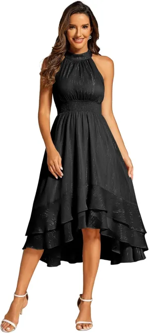 Ever-Pretty Women's Halterneck Elastic Waist Glitter High Low Summer Wedding Guest Dress with Layered Ruffles 31977