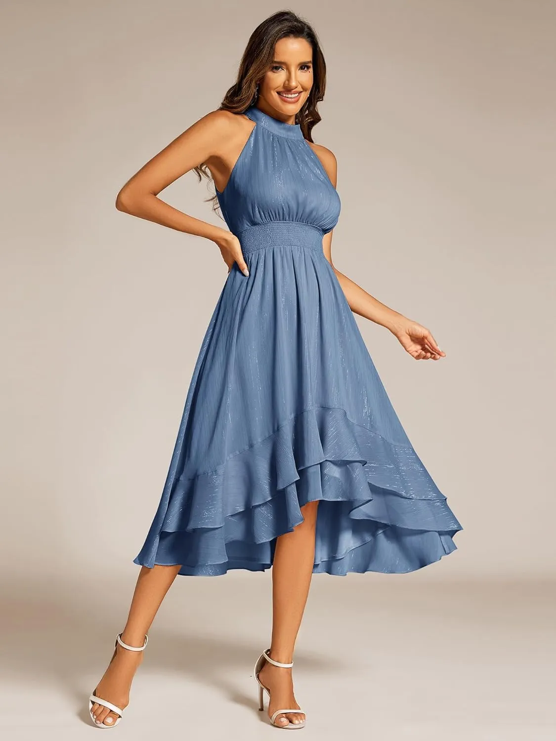 Ever-Pretty Women's Halterneck Elastic Waist Glitter High Low Summer Wedding Guest Dress with Layered Ruffles 31977