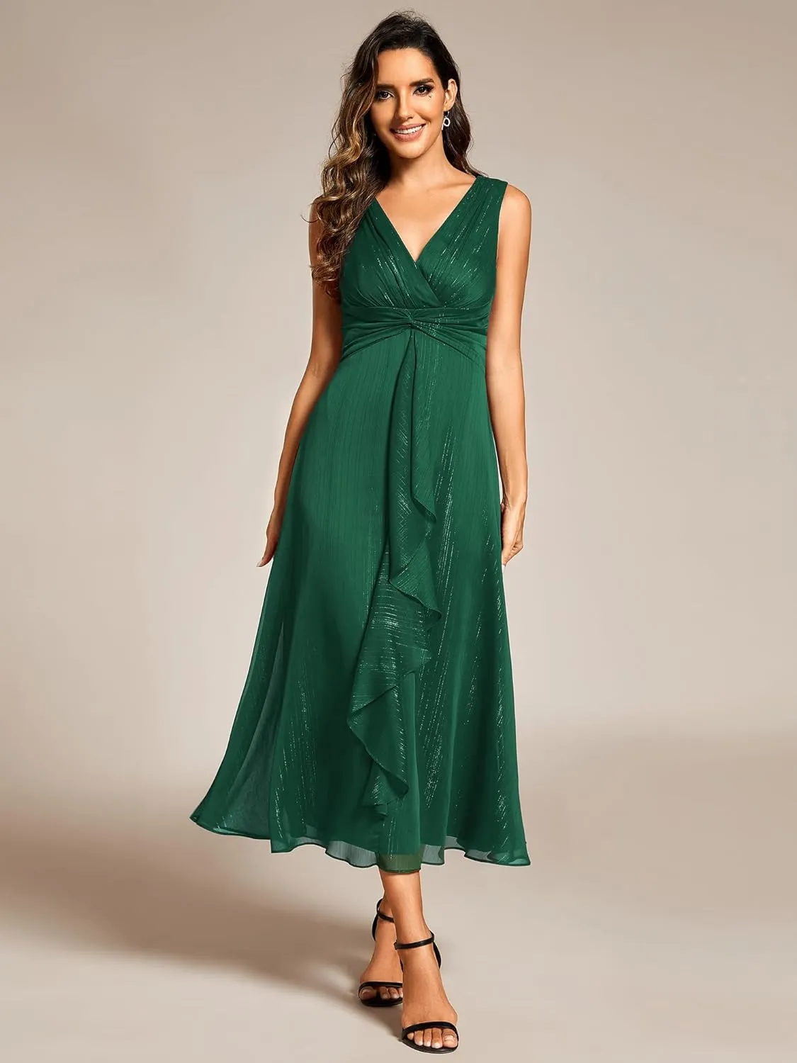 Ever-Pretty Women's Summer Sleeveless Midi Length Pleated A Line Wedding Guest Dress 11977