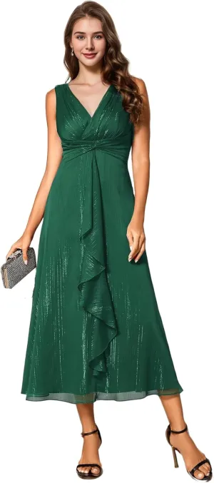 Ever-Pretty Women's Summer Sleeveless Midi Length Pleated A Line Wedding Guest Dress 11977