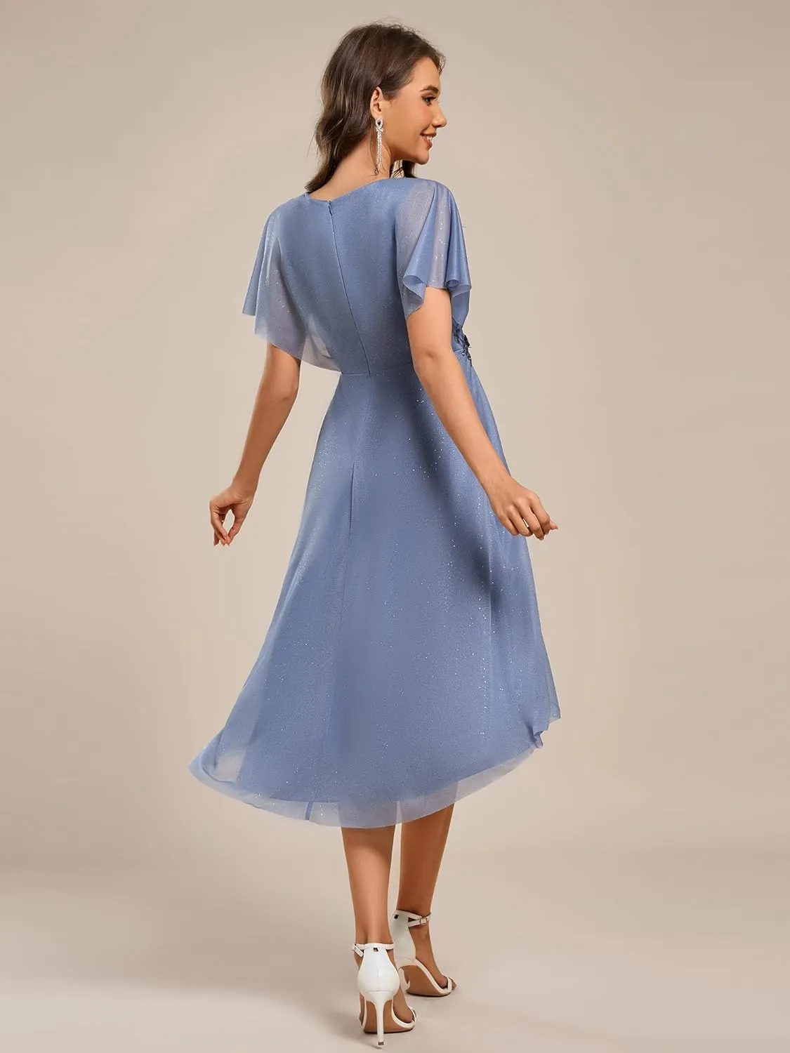 Ever-Pretty Women's V Neck Short Sleeve Appliques Glitter Hi-Lo Midi Semi Formal Dress 51159