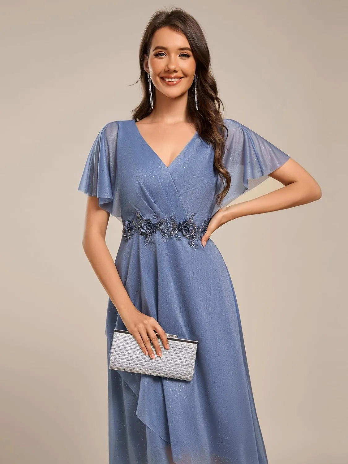 Ever-Pretty Women's V Neck Short Sleeve Appliques Glitter Hi-Lo Midi Semi Formal Dress 51159