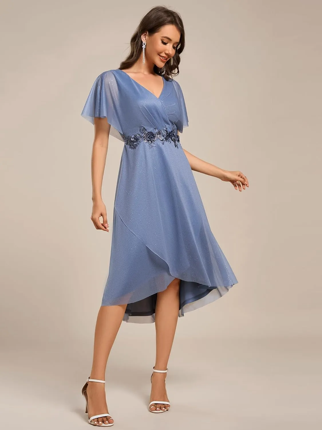 Ever-Pretty Women's V Neck Short Sleeve Appliques Glitter Hi-Lo Midi Semi Formal Dress 51159