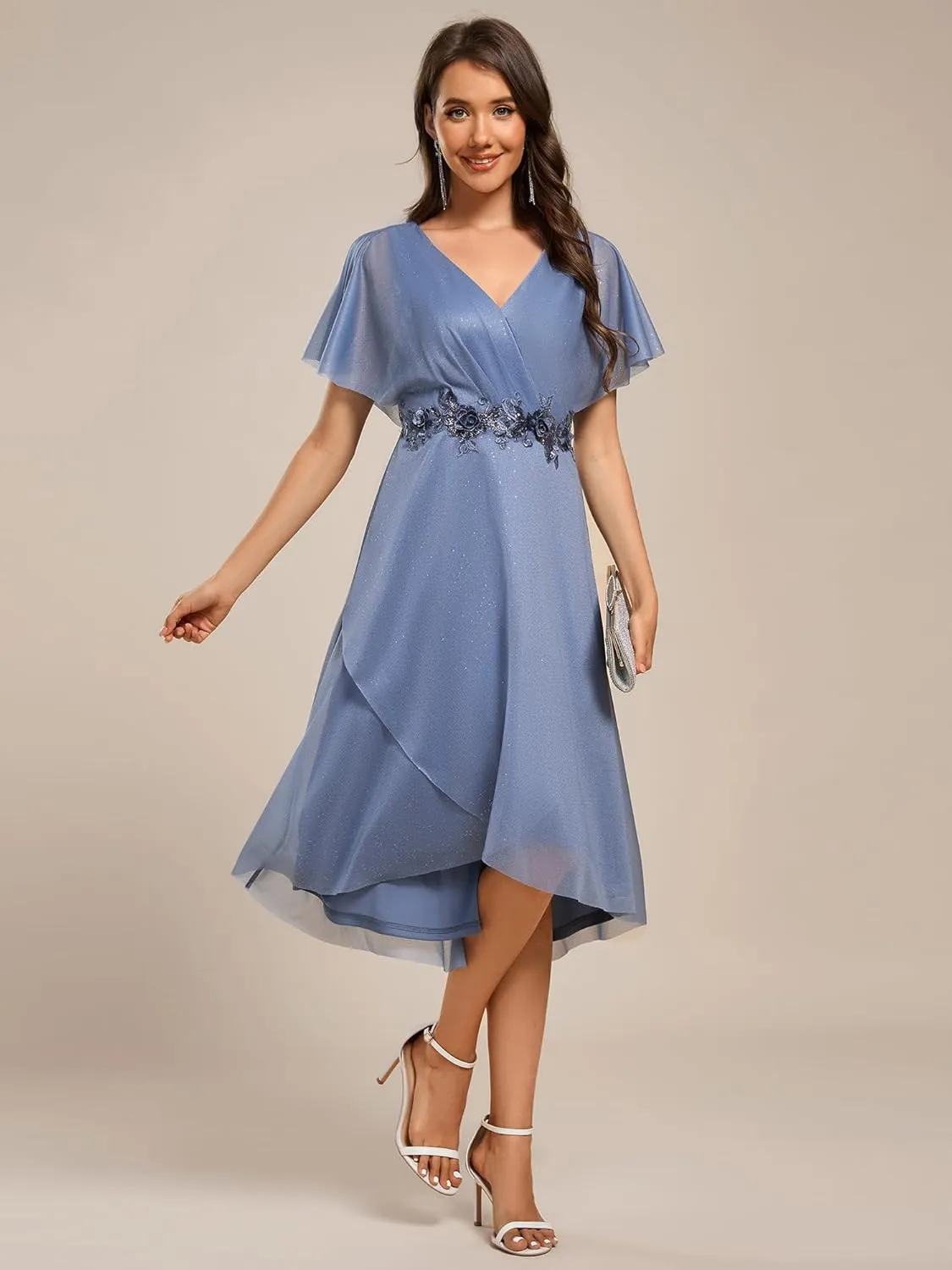 Ever-Pretty Women's V Neck Short Sleeve Appliques Glitter Hi-Lo Midi Semi Formal Dress 51159