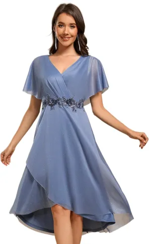 Ever-Pretty Women's V Neck Short Sleeve Appliques Glitter Hi-Lo Midi Semi Formal Dress 51159