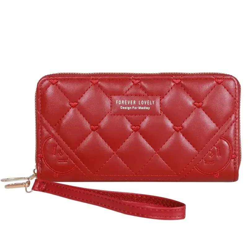 Exquisite Embroidered Women's Leather Clutch Wallet Card Mobile Phone Holder Zipper Handbag Fashion Accessory