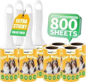 Extra Sticky Lint Roller for Pet Hair, 800 Sheets with Reinforced 4 Handles and Tough Paper, Perfect for Dog and Cat Hair Removal, Ideal for Clothes, Carpet, and Dust Cleaning Mega Value Set