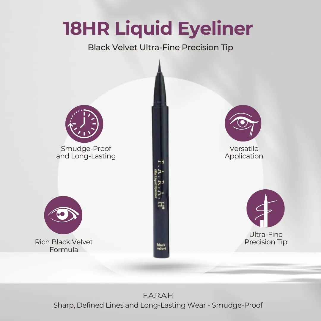 F.A.R.A.H 18HR Liquid Eyeliner Black Velvet - Ultra-Fine Precision Tip for Sharp, Defined Lines and Long-Lasting Wear - Smudge-Proof