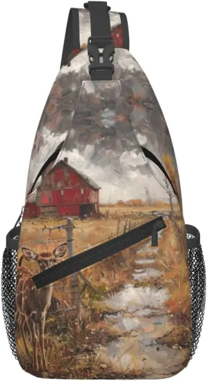Farm with deer Print Sling Bag Crossbody Sling Backpack Cross Body Shoulder Bag Travel Hiking Daypack
