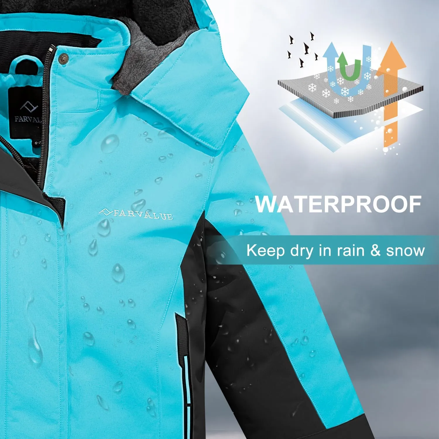 FARVALUE Girls Waterproof Ski Jacket Windproof Winter Coat Warm Fleece Snow Coat Outdoor Raincoats Hooded