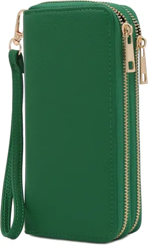 FashionPuzzle Double Zip Around PU Leather Wristlet Cell Phone Wallet