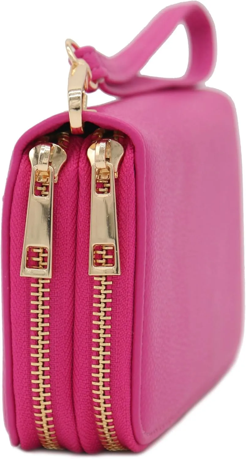 FashionPuzzle Double Zip Around PU Leather Wristlet Cell Phone Wallet