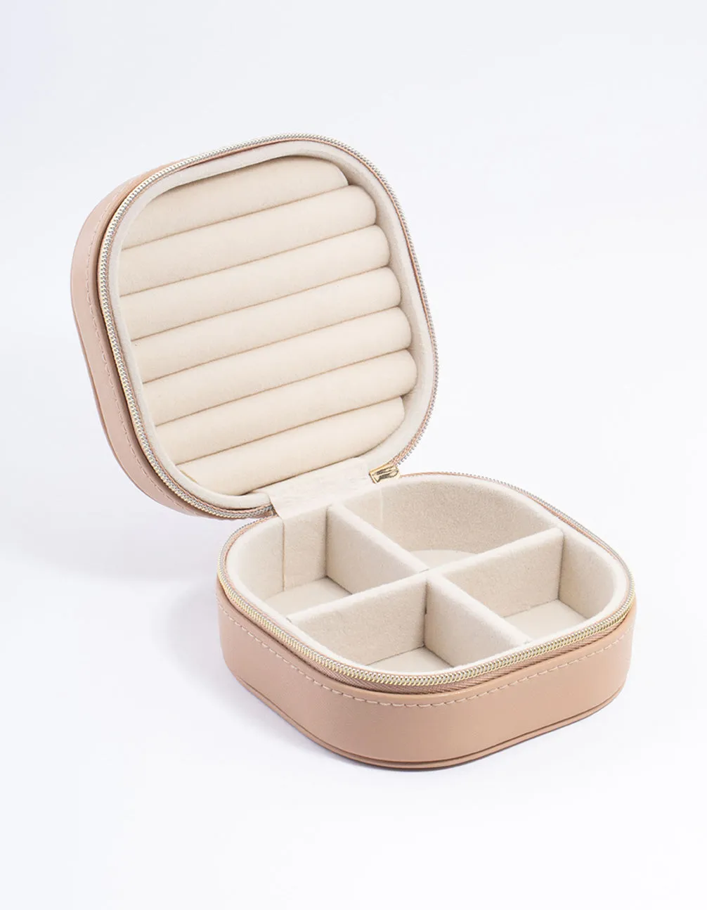 Faux Leather Brown Round Mini Square Jewellery Box