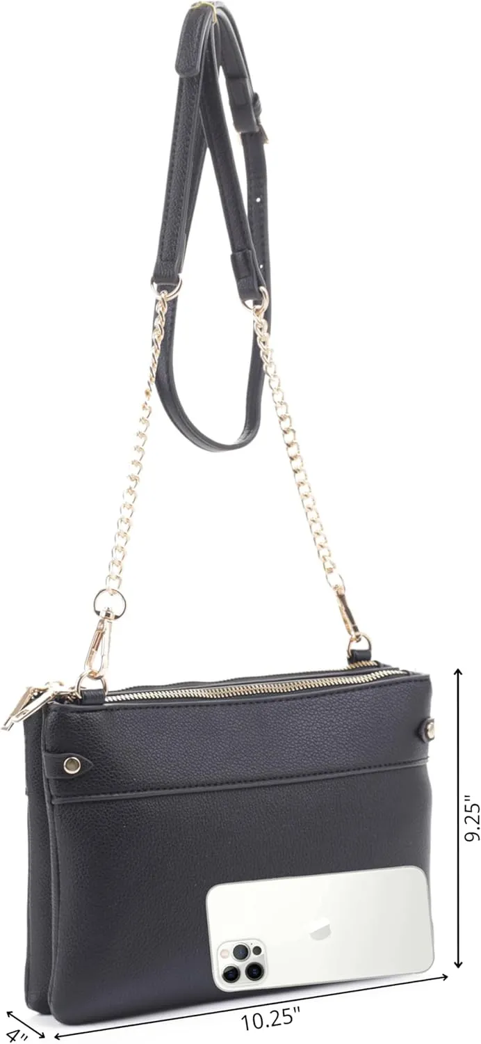 Faux Leather Crossbody Bag with Multiple Compartments, Detachable Chain Strap