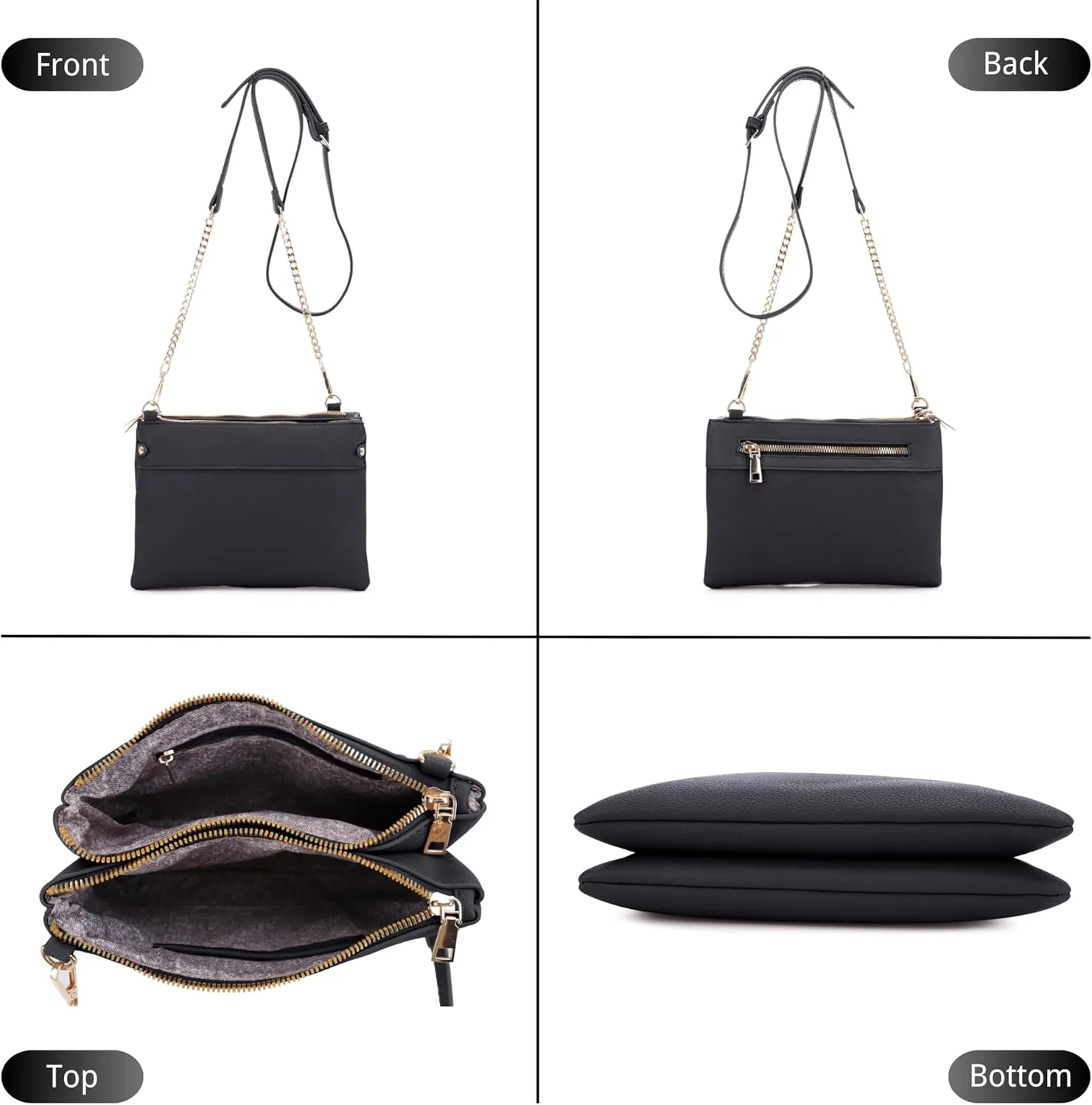 Faux Leather Crossbody Bag with Multiple Compartments, Detachable Chain Strap