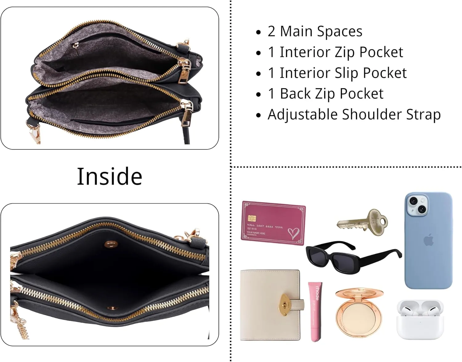 Faux Leather Crossbody Bag with Multiple Compartments, Detachable Chain Strap