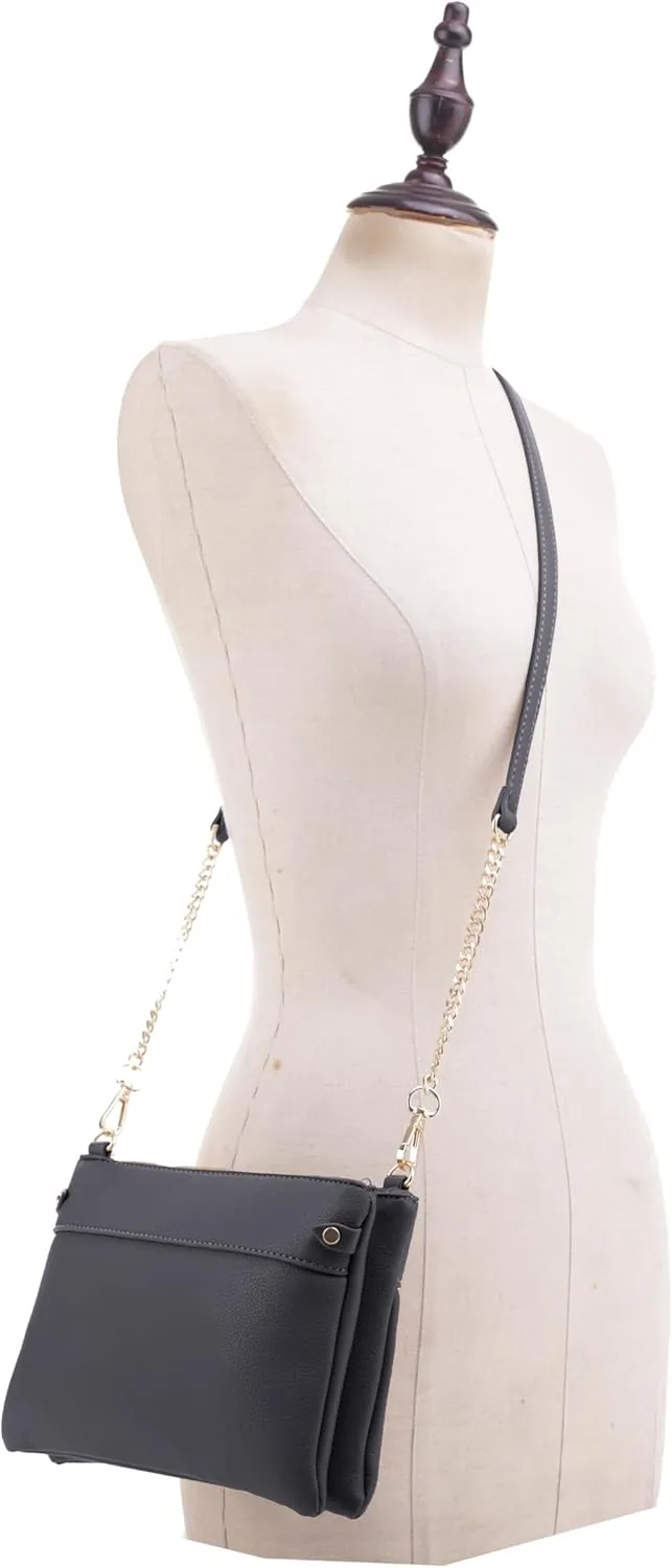 Faux Leather Crossbody Bag with Multiple Compartments, Detachable Chain Strap