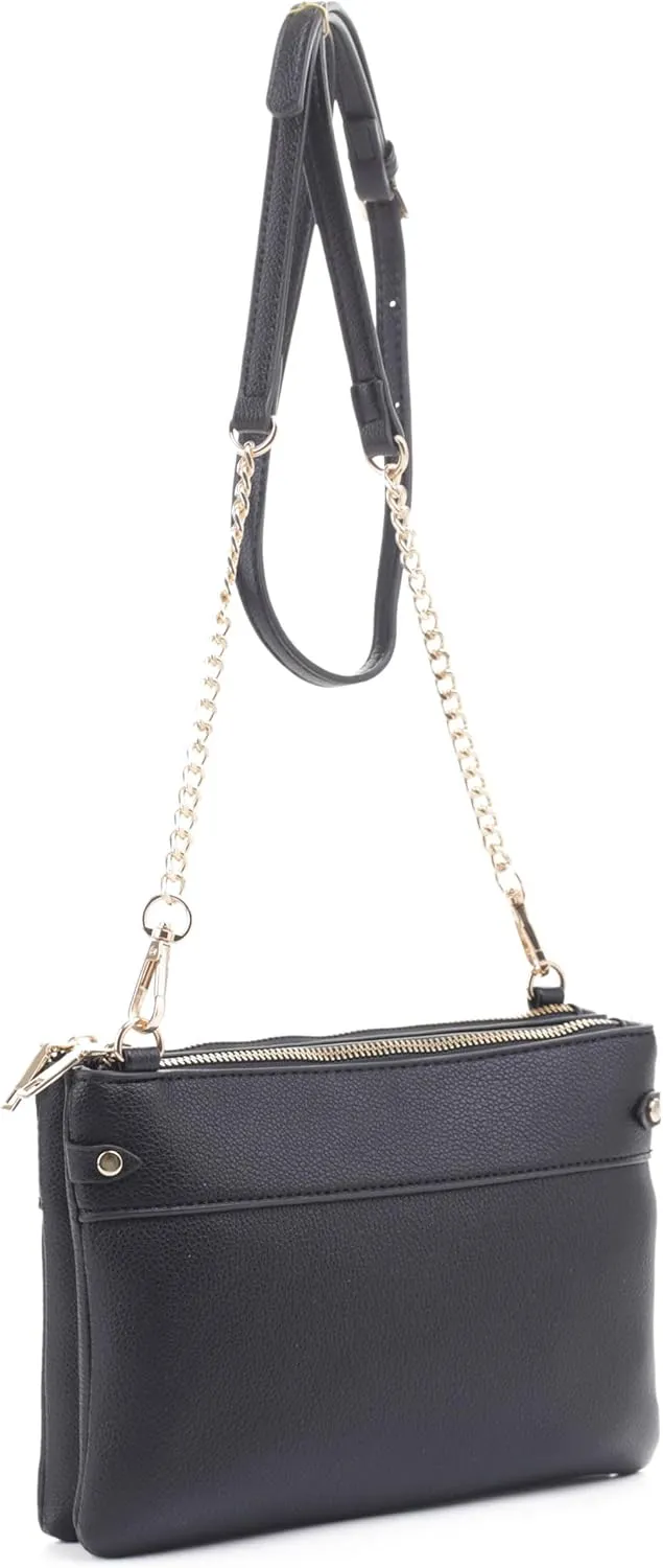 Faux Leather Crossbody Bag with Multiple Compartments, Detachable Chain Strap