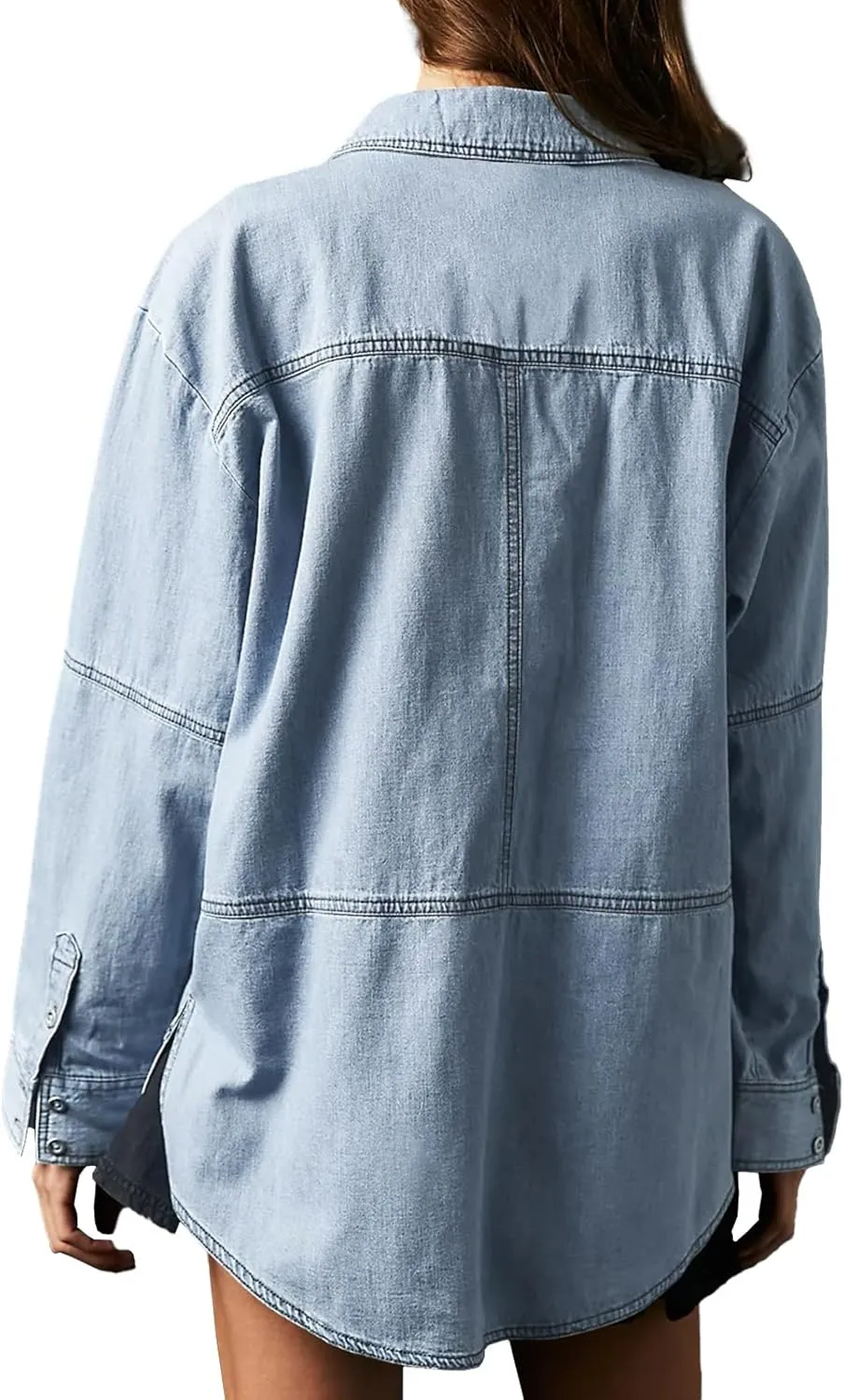 Fazortev Women's Denim Pullover Casual Button V Neck Blouse Loose Fit Long Sleeve Jean Jacket With Pocket