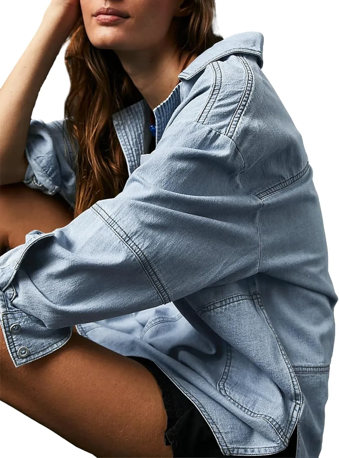 Fazortev Women's Denim Pullover Casual Button V Neck Blouse Loose Fit Long Sleeve Jean Jacket With Pocket