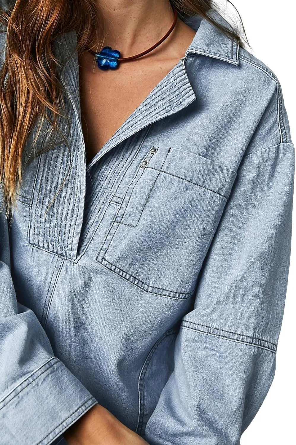 Fazortev Women's Denim Pullover Casual Button V Neck Blouse Loose Fit Long Sleeve Jean Jacket With Pocket