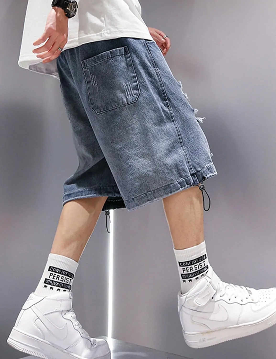 FCOOLYEET Mens Y2k Baggy Shorts Jorts Grunge Ripped Demin Shorts Loose Fit Aesthetic Jeans Shorts