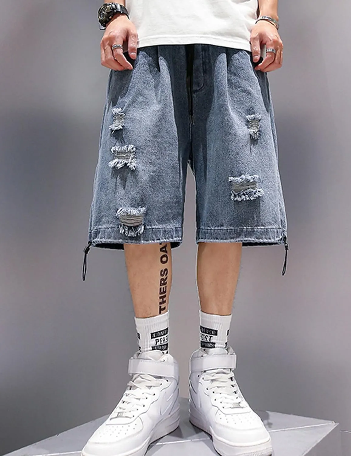 FCOOLYEET Mens Y2k Baggy Shorts Jorts Grunge Ripped Demin Shorts Loose Fit Aesthetic Jeans Shorts