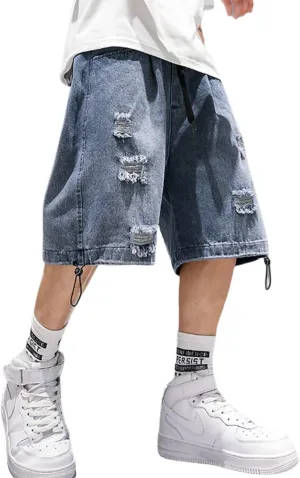 FCOOLYEET Mens Y2k Baggy Shorts Jorts Grunge Ripped Demin Shorts Loose Fit Aesthetic Jeans Shorts