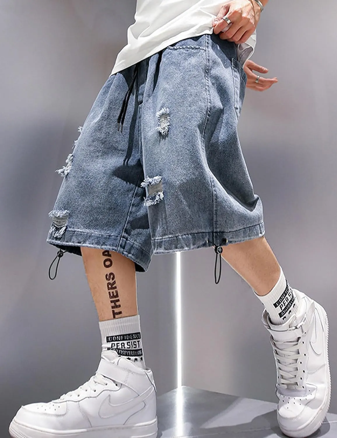 FCOOLYEET Mens Y2k Baggy Shorts Jorts Grunge Ripped Demin Shorts Loose Fit Aesthetic Jeans Shorts