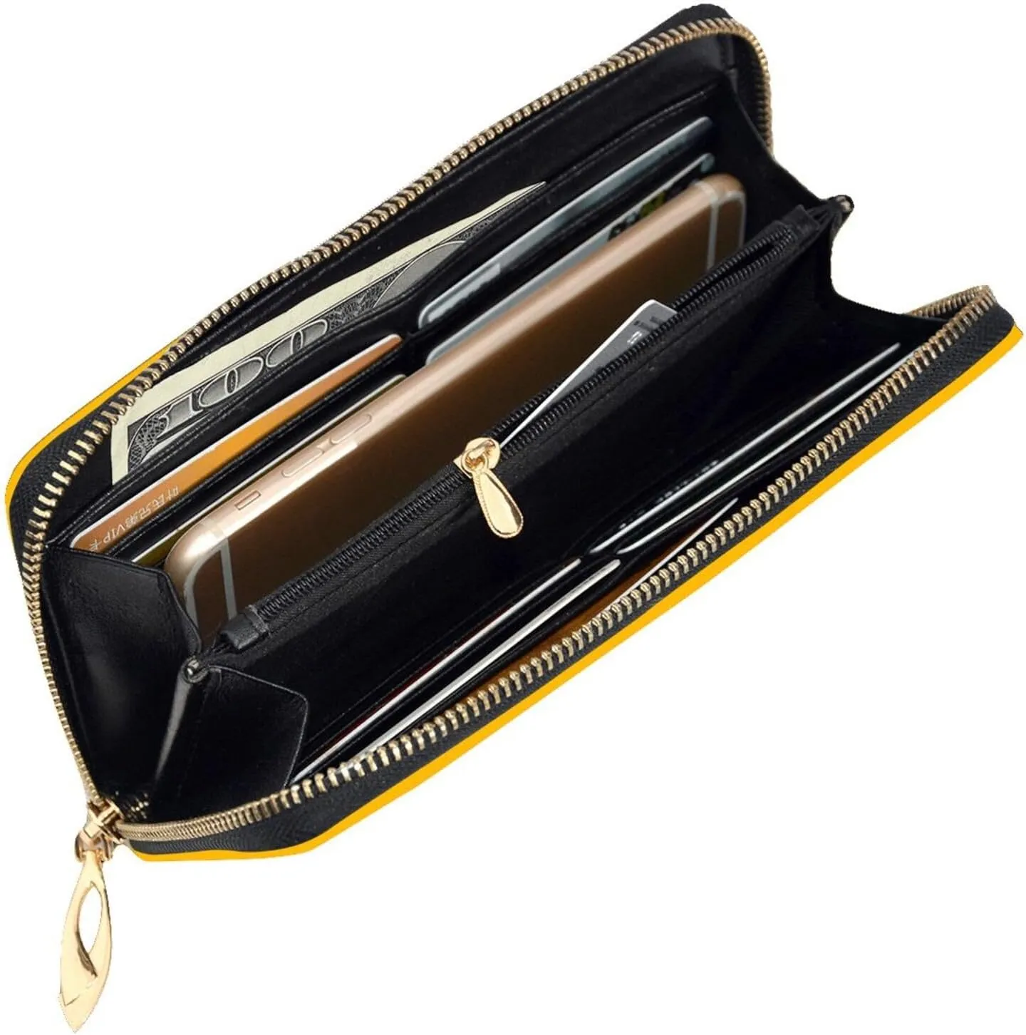 FEMOS Stylish Long Wallet,Leather Zip Wallet Coin Purse Clutch Bag,Large Capacity Credit Card Organizer Bag/Amber Yellow/Long Purse For Women And Men, 10690