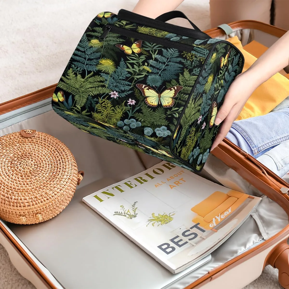 Fern Leaf Leaves Travel Toiletry Bag for Women Large Capacity Wide-open Makeup Organizer Cosmetic Travel Bags for Toiletries