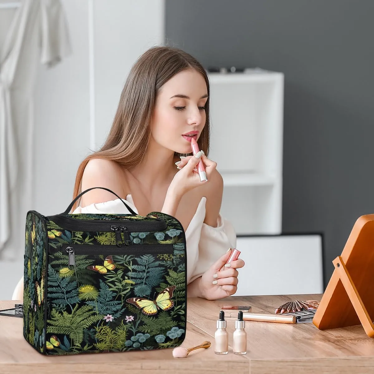 Fern Leaf Leaves Travel Toiletry Bag for Women Large Capacity Wide-open Makeup Organizer Cosmetic Travel Bags for Toiletries