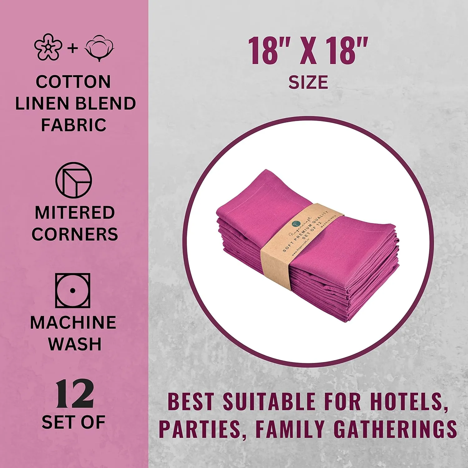 Fingercraft Dinner Cloth Napkins, Cotton Linen Blend Fabric 12 Pack Easter Special, Premium Quality, Mitered Corners for Every Day Use Napkins are Pre Shrunk and Good Absorbency Magenta