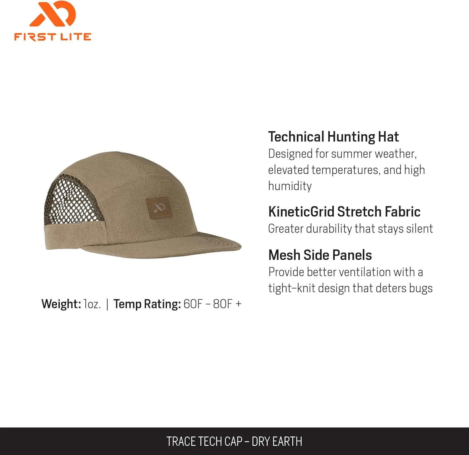 First Lite Trace Tech Cap - Lightweight Packable Camo Mesh Hunting Hat
