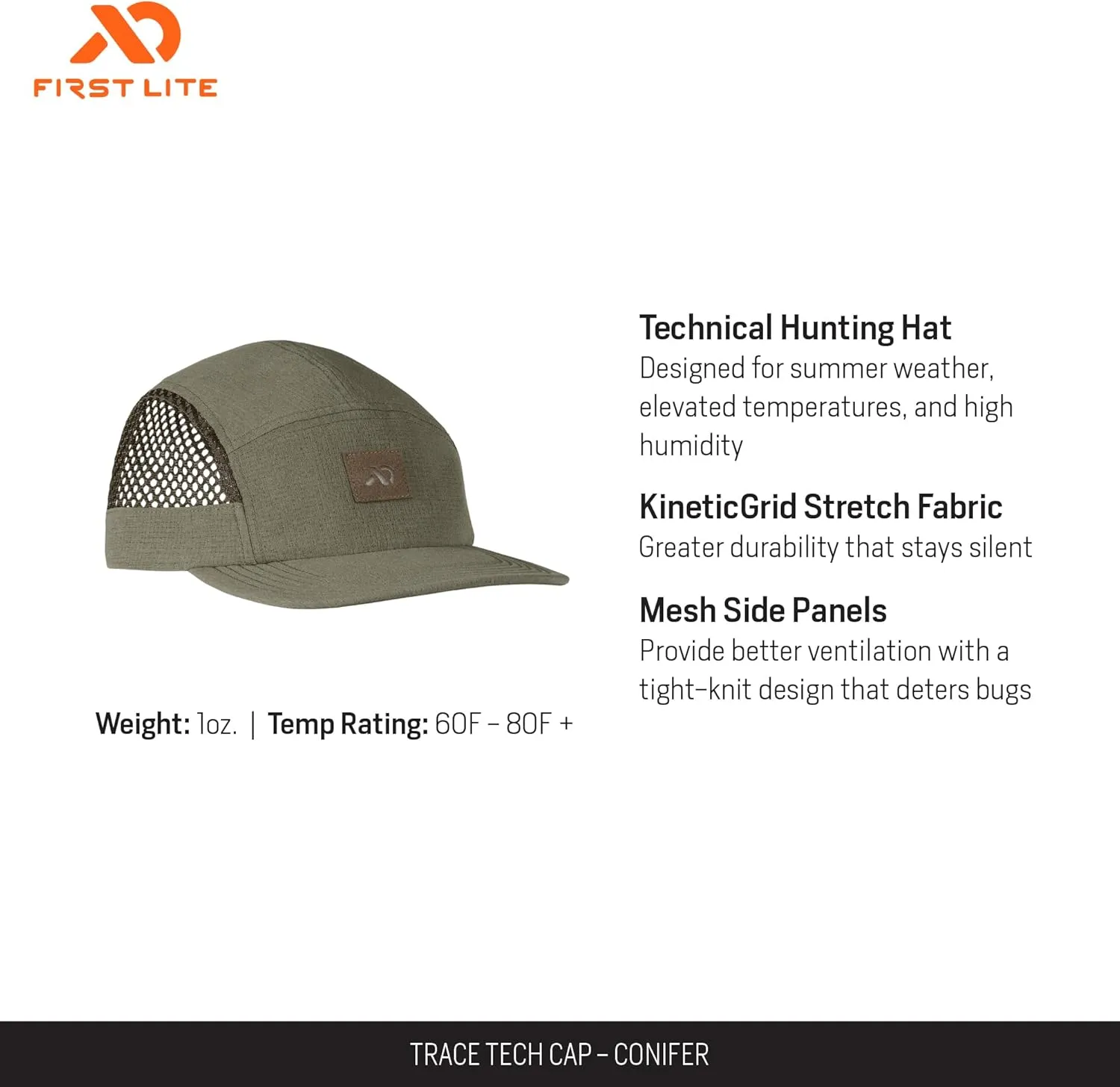 First Lite Trace Tech Cap - Lightweight Packable Camo Mesh Hunting Hat